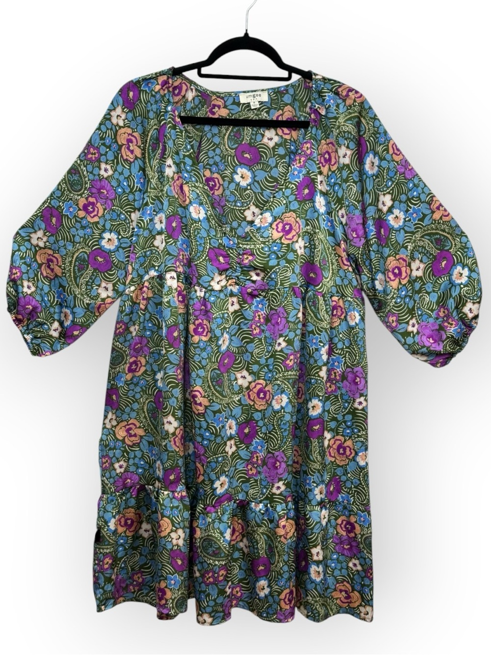 Umgee Floral Puff-Sleeve Midi Dress in Green, Blue & Purple *2202